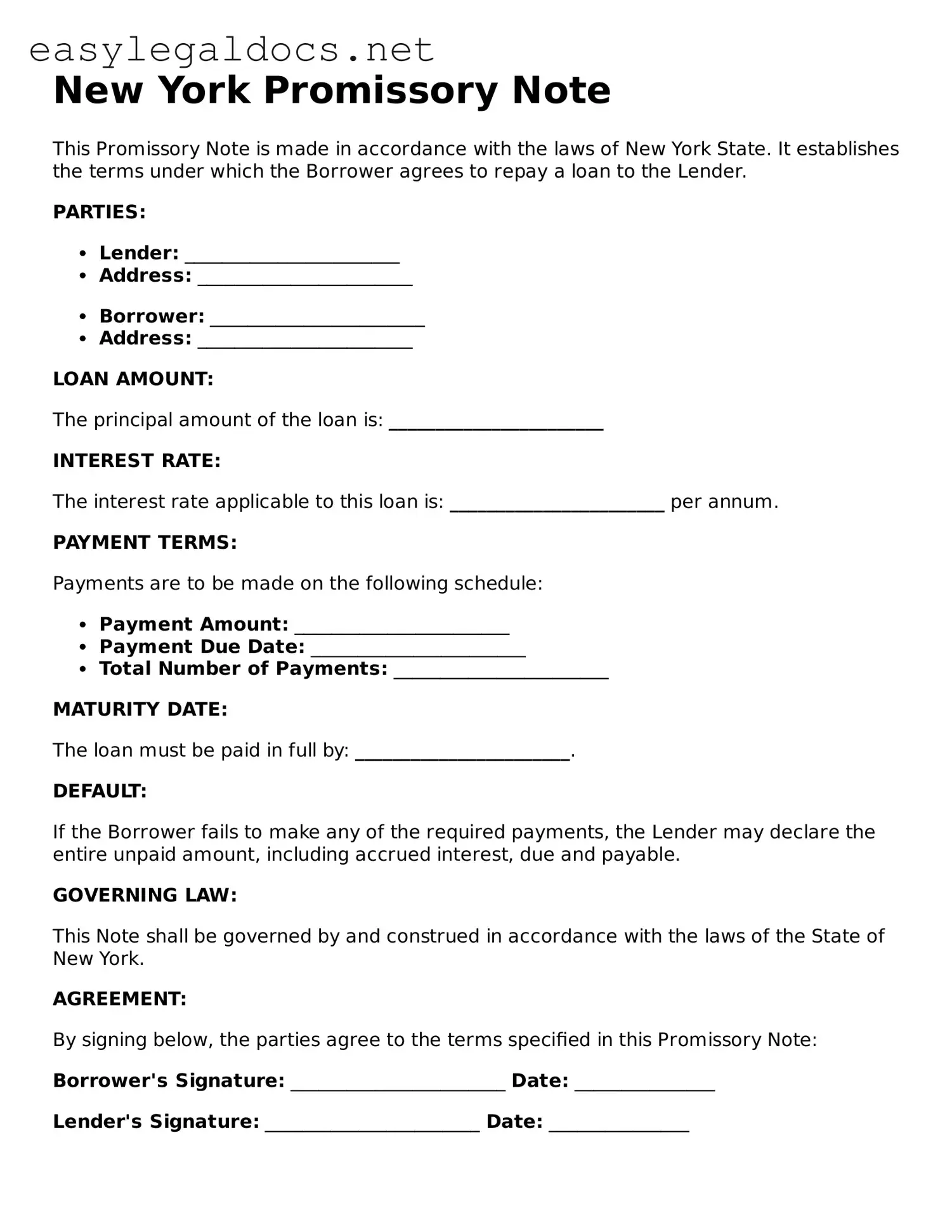 Blank  Promissory Note Form for New York