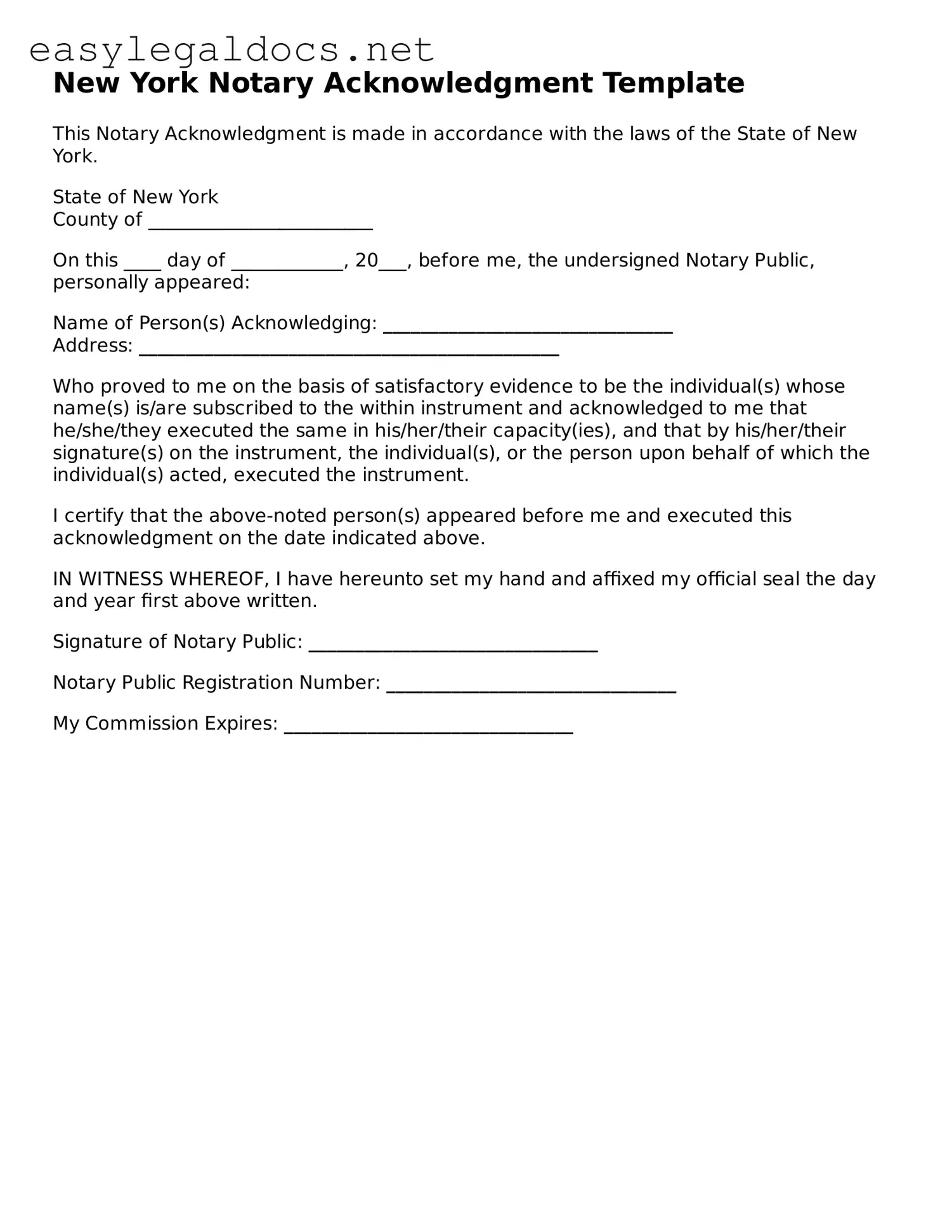Blank  Notary Acknowledgement Form for New York
