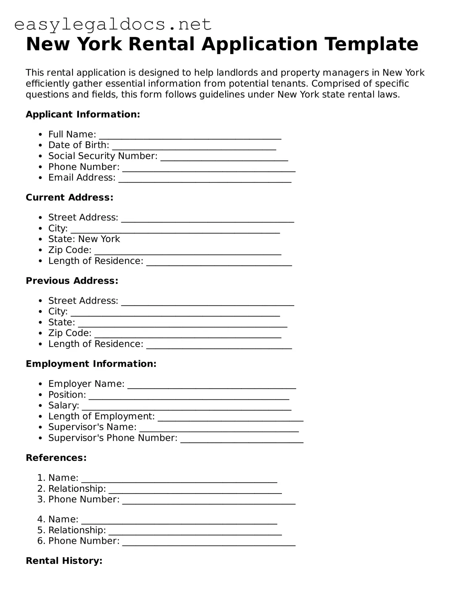 Blank  Rental Application Form for New York