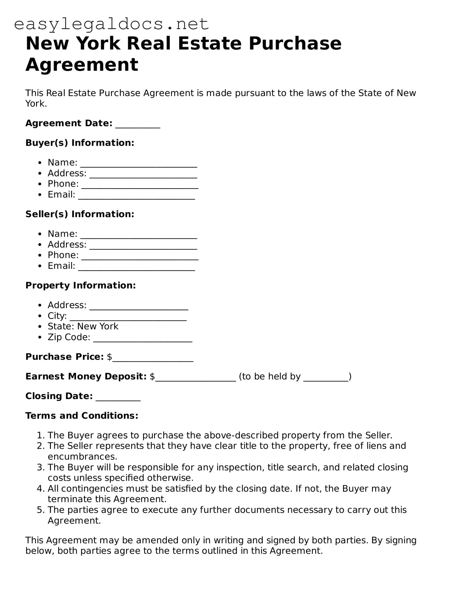 Blank  Real Estate Purchase Agreement Form for New York