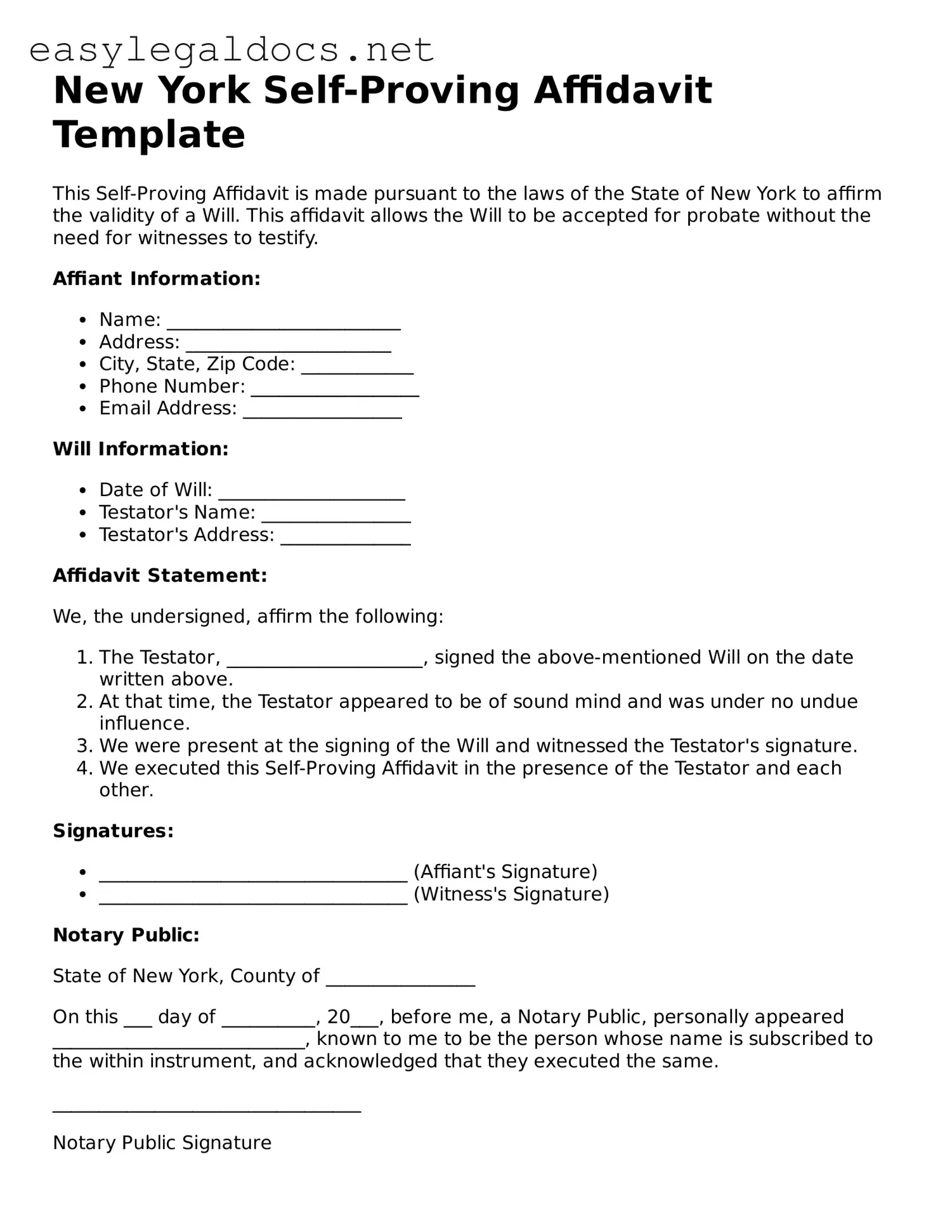 Blank  Self-Proving Affidavit Form for New York
