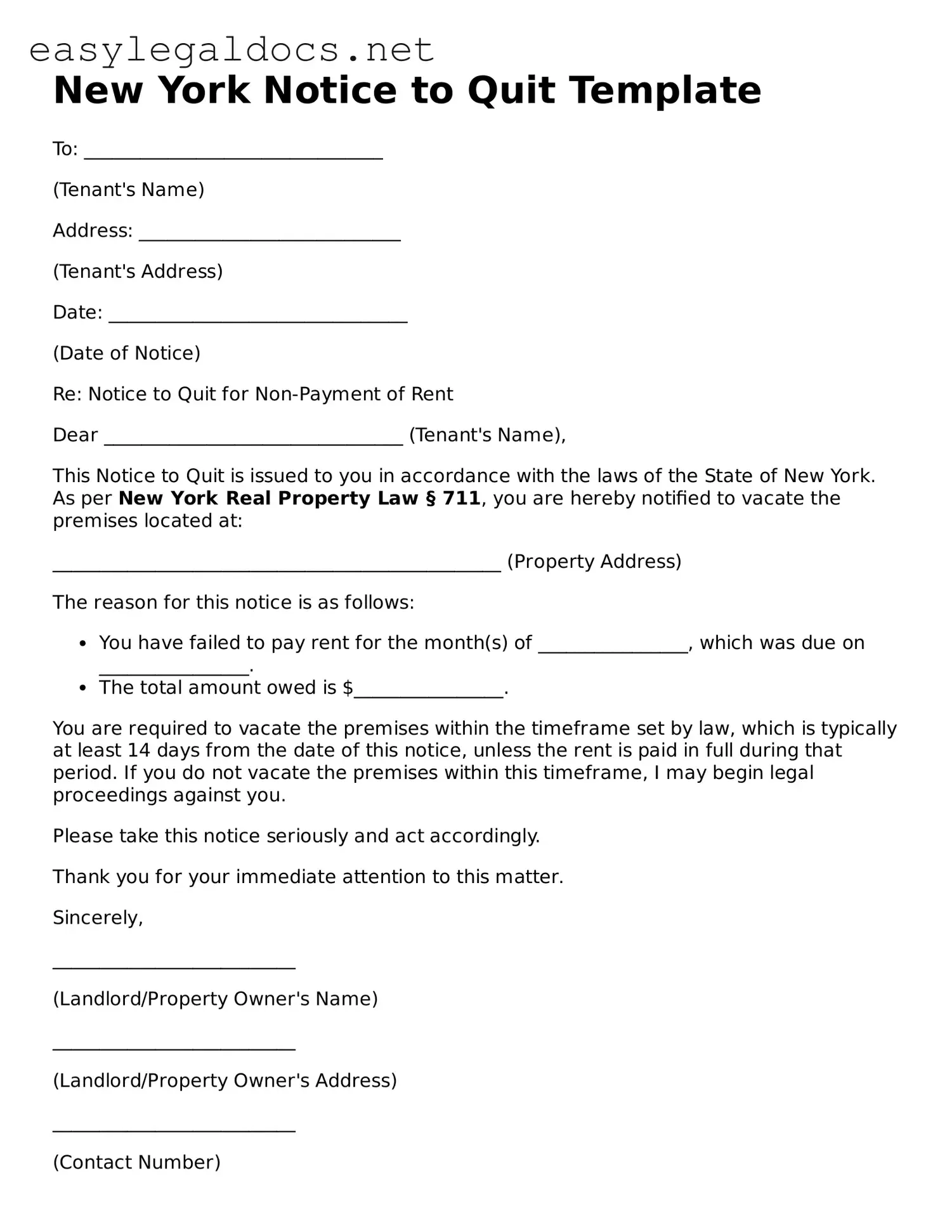Blank  Notice to Quit Form for New York