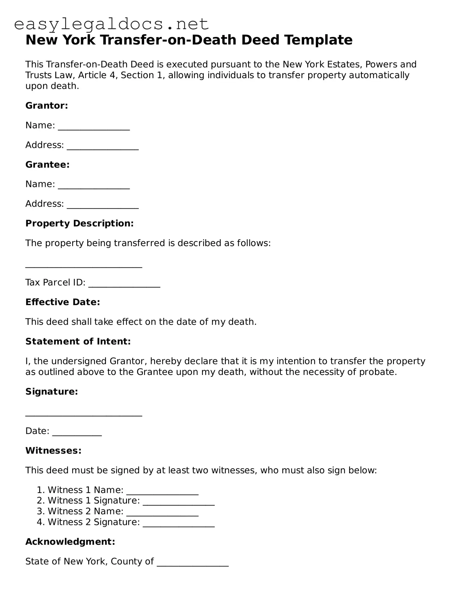 Blank  Transfer-on-Death Deed Form for New York