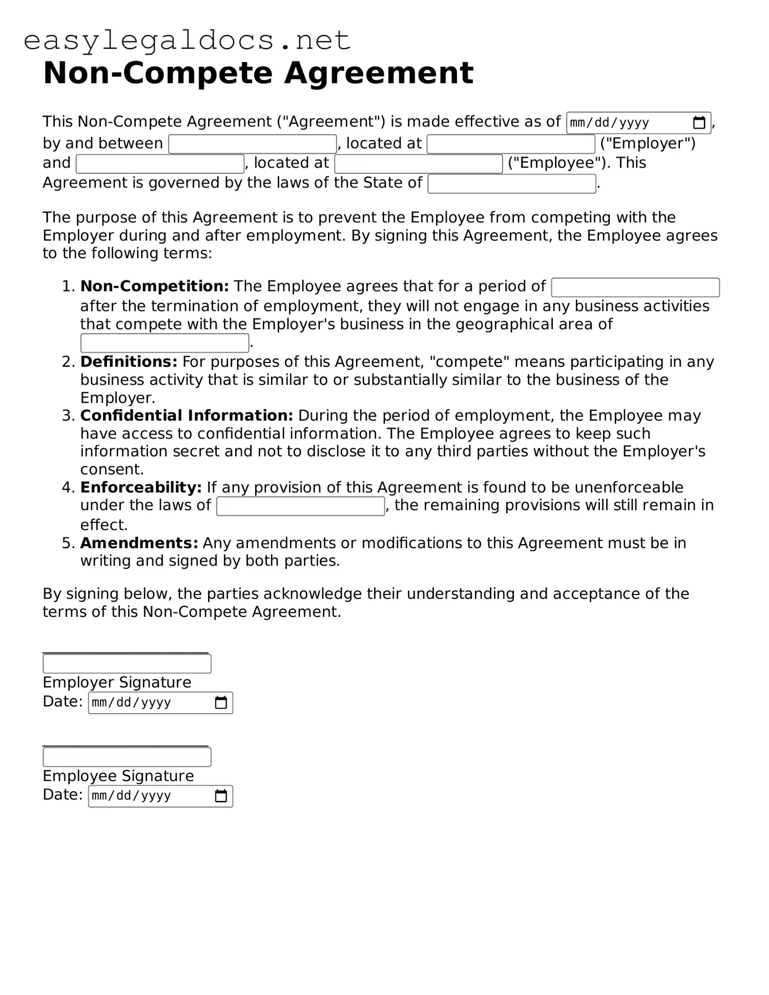Printable Non-compete Agreement Form