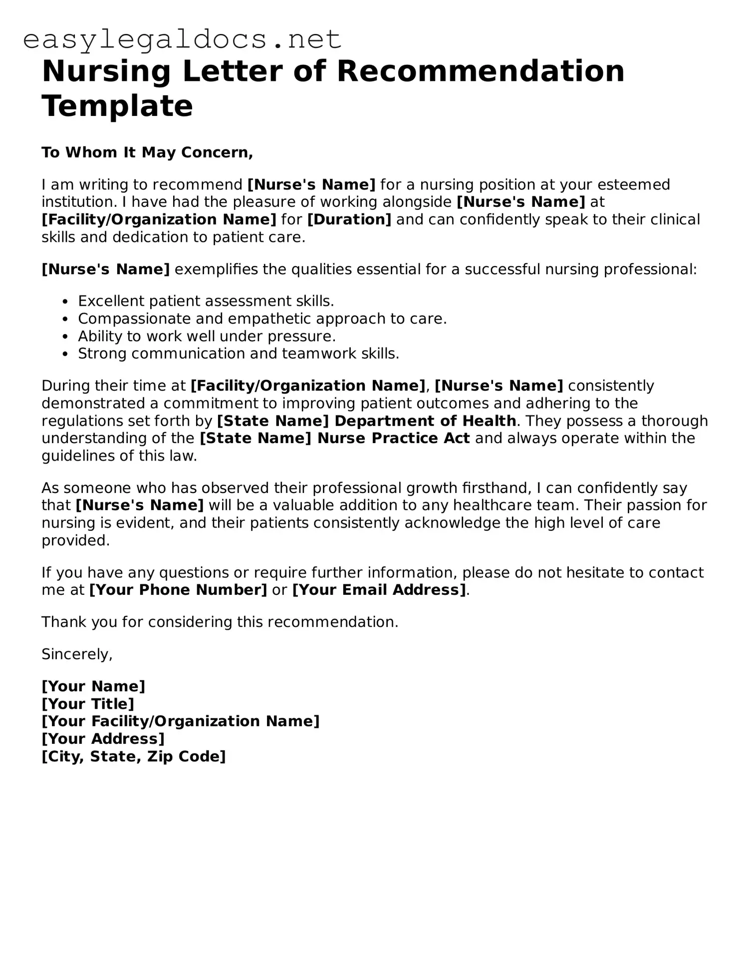 Printable Nursing Letter of Recommendation Form