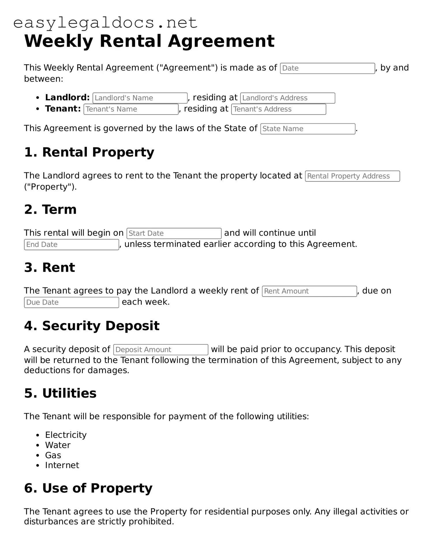 Printable Weekly Rental Agreement Form