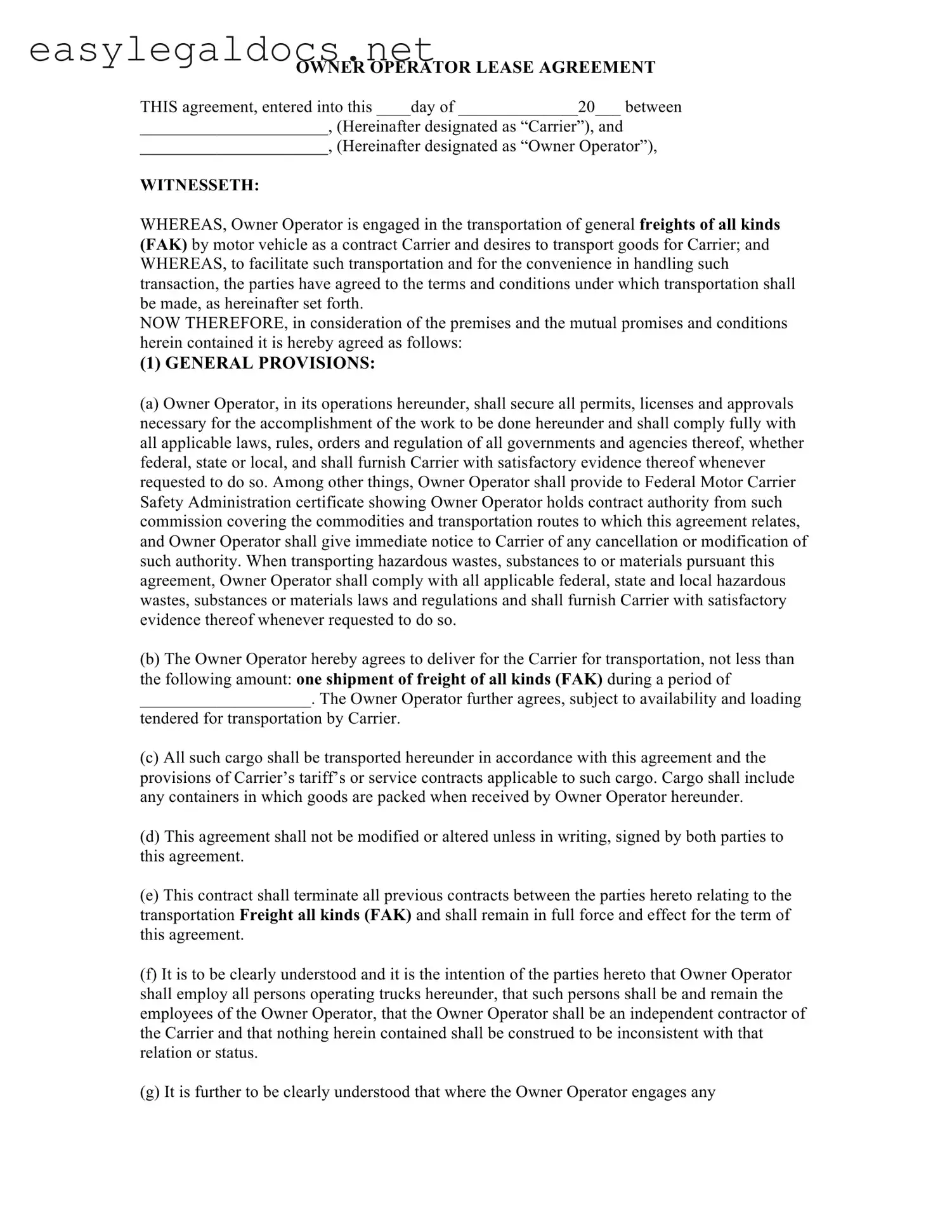 Download Owner Operator Lease Agreement Form