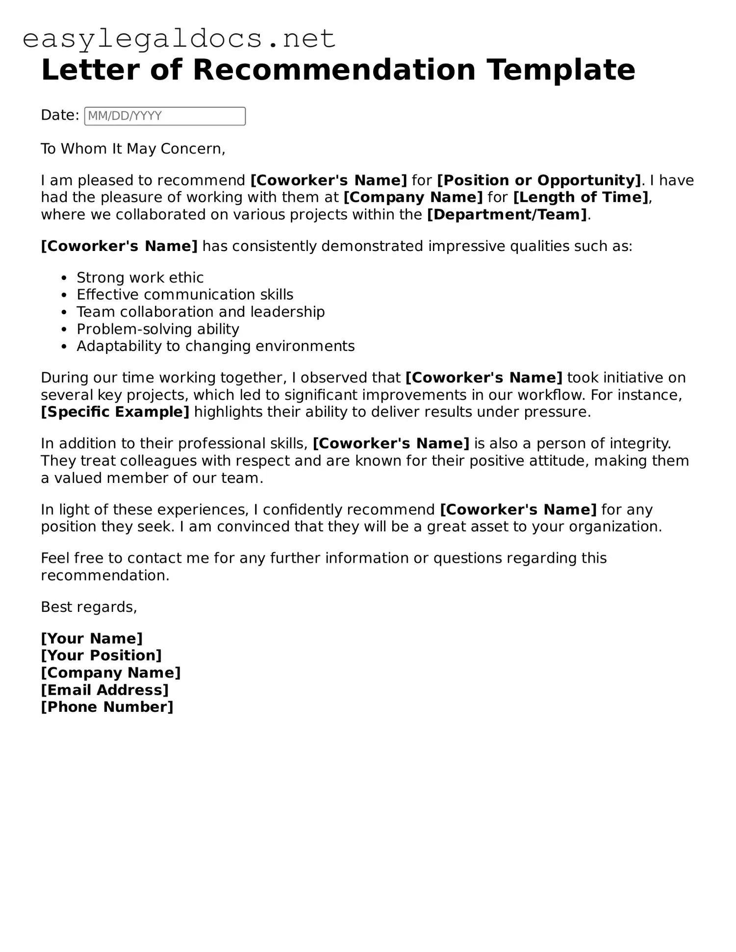 Printable Letter of Recommendation for Coworker Form