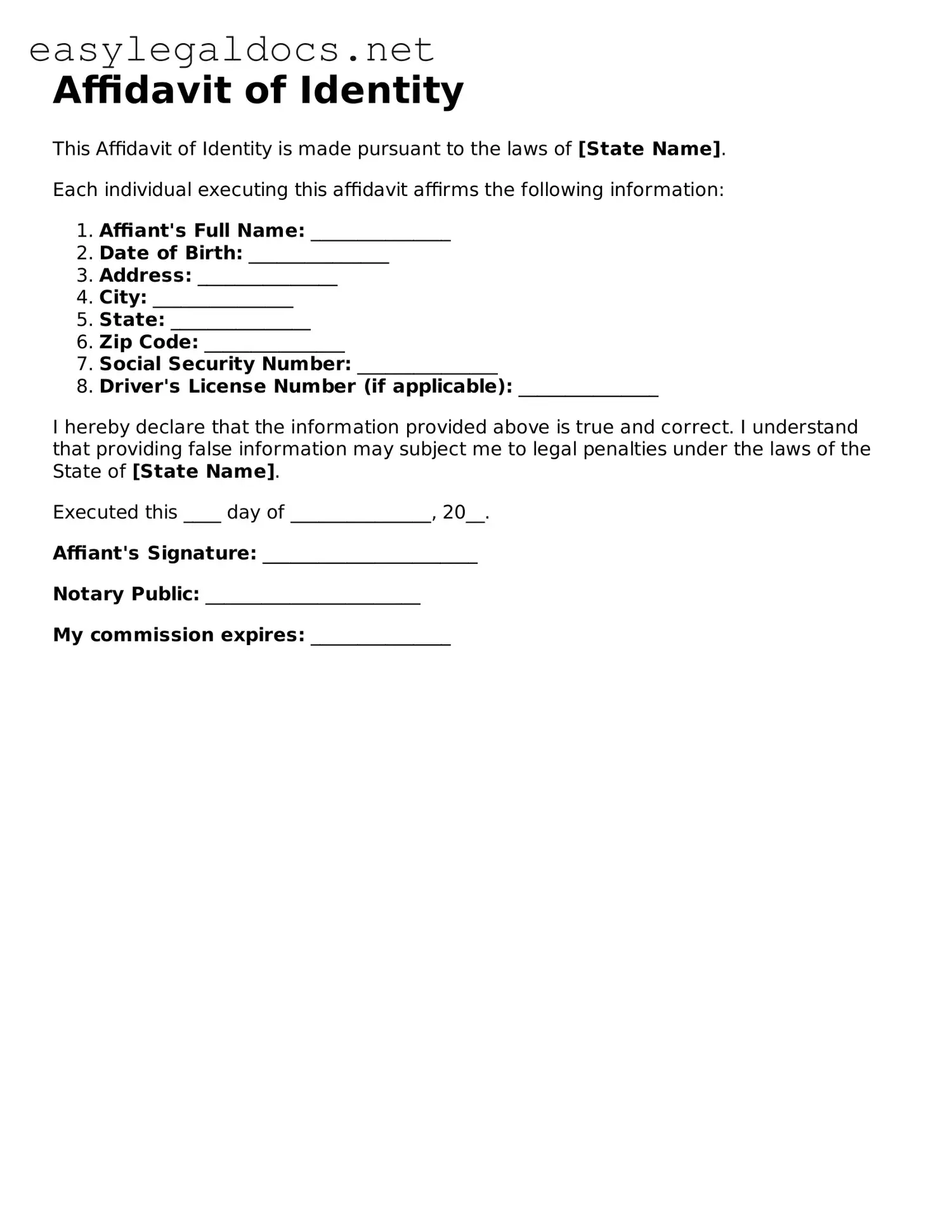 Printable Affidavit of Identity Form