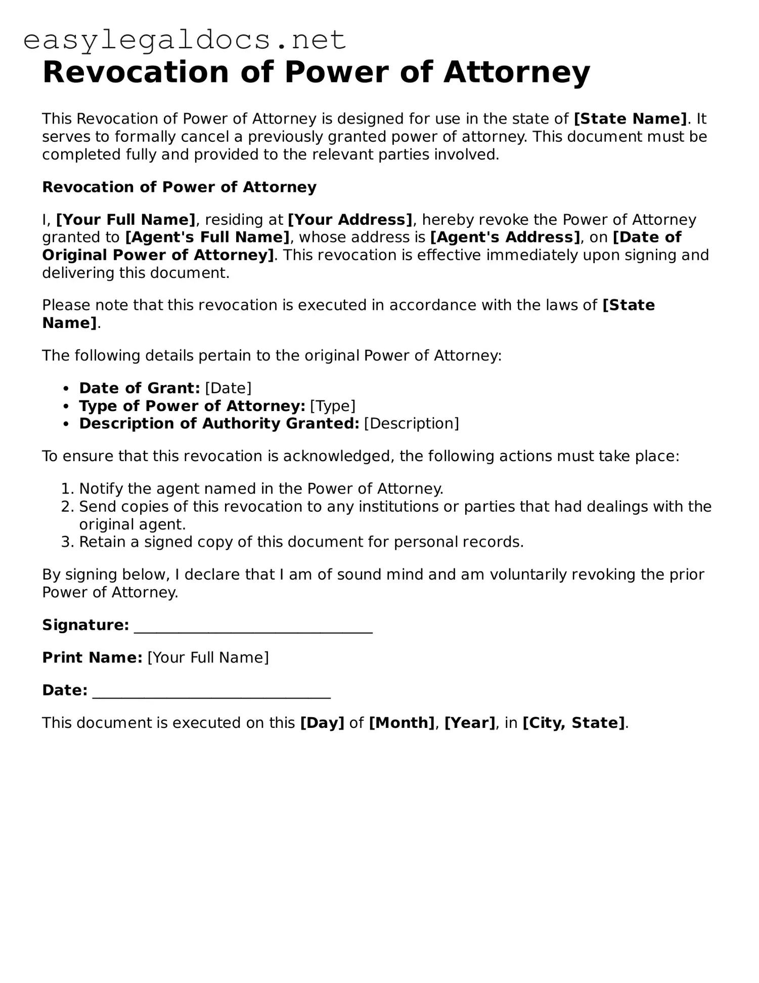 Printable Revocation of Power of Attorney Form