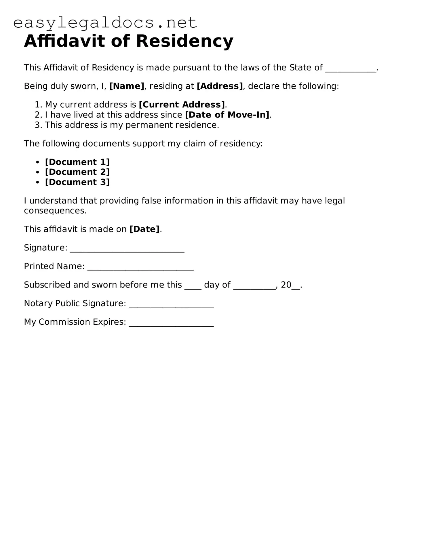 Printable Affidavit of Residency Form