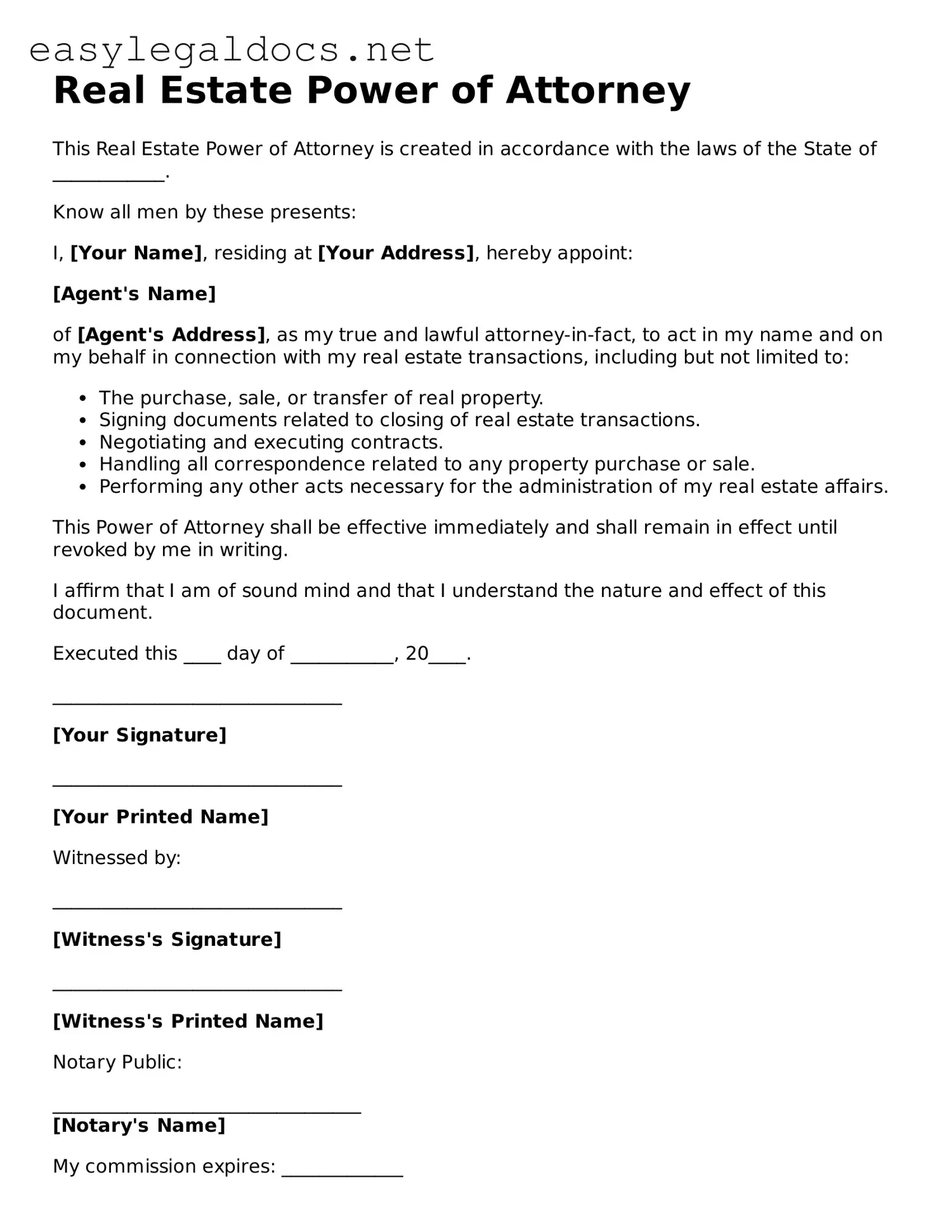 Printable Real Estate Power of Attorney Form