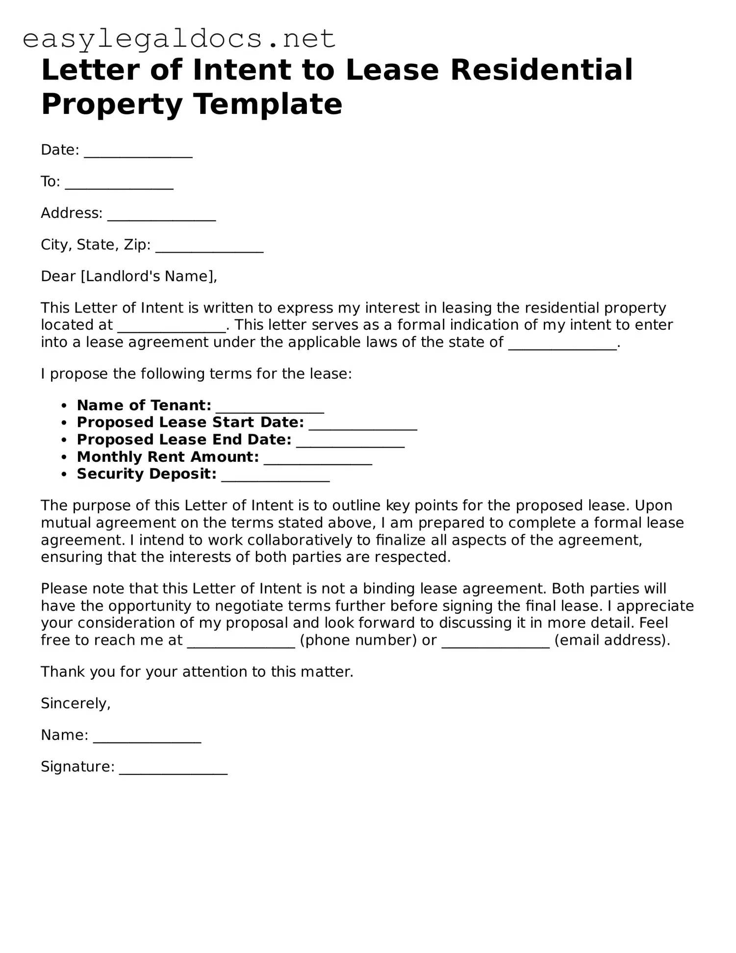 Printable Letter of Intent to Lease Residential Property Form