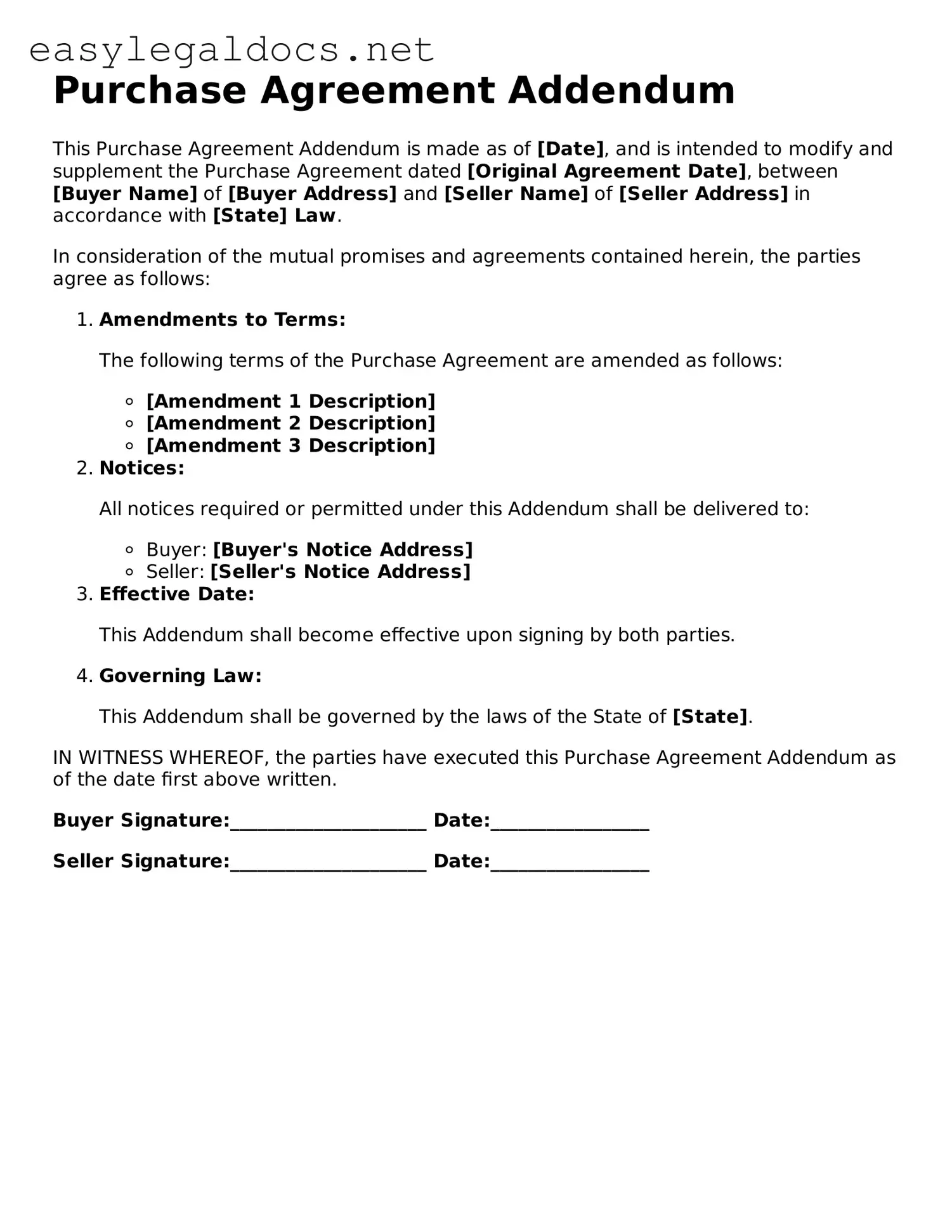 Printable Purchase Agreement Addendum Form