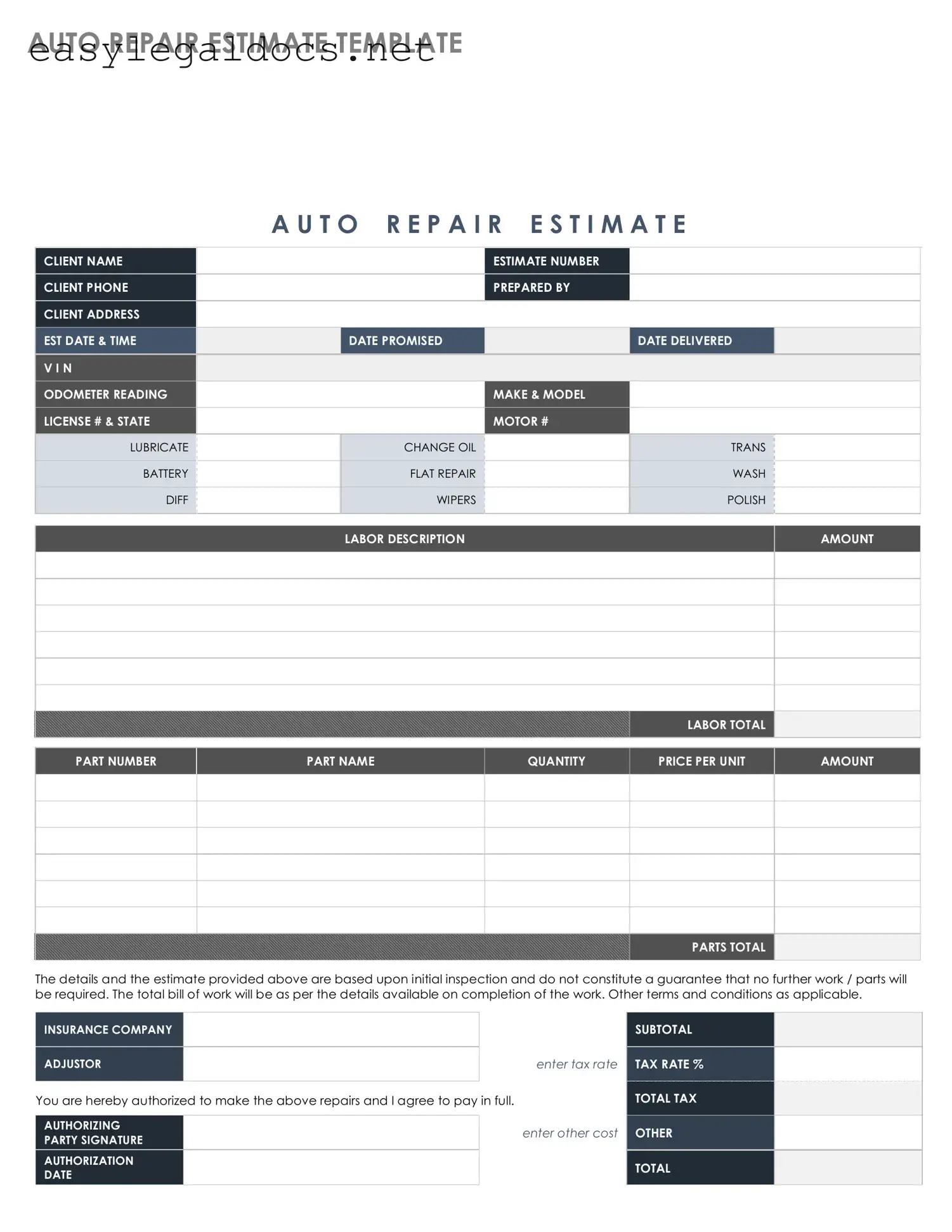 Download Auto Repair Estimate Form