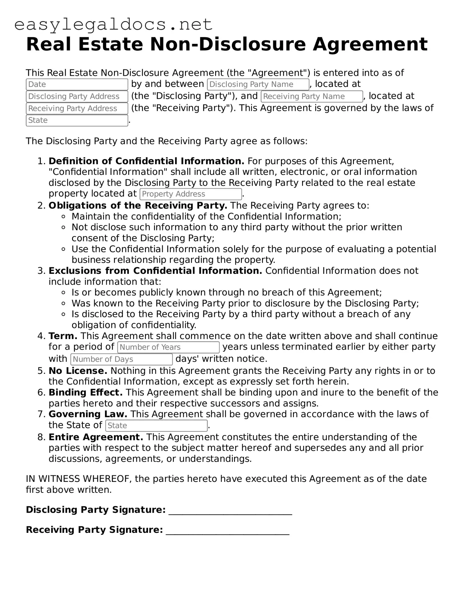 Printable Real Estate Non-Disclosure Agreement Form