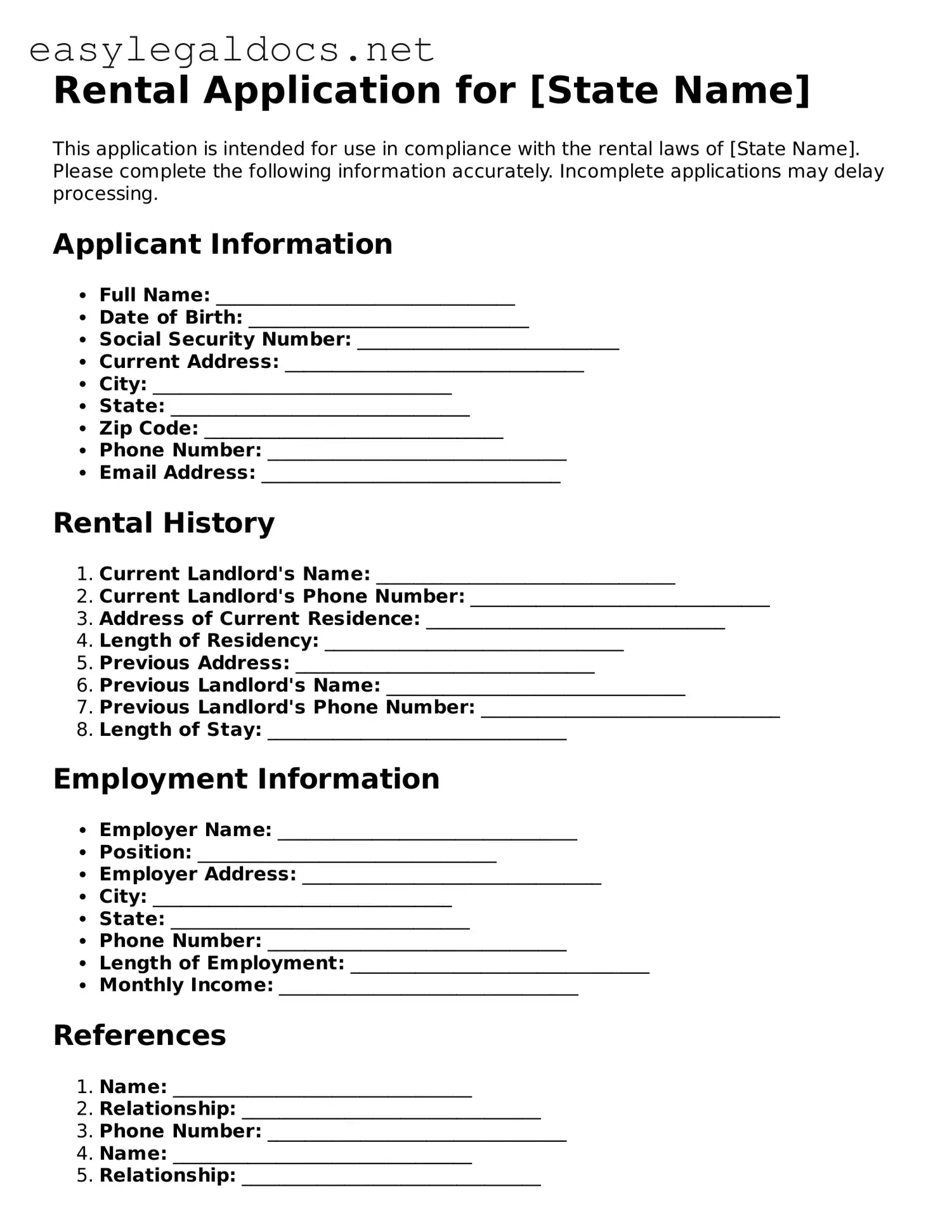 Printable Rental Application Form