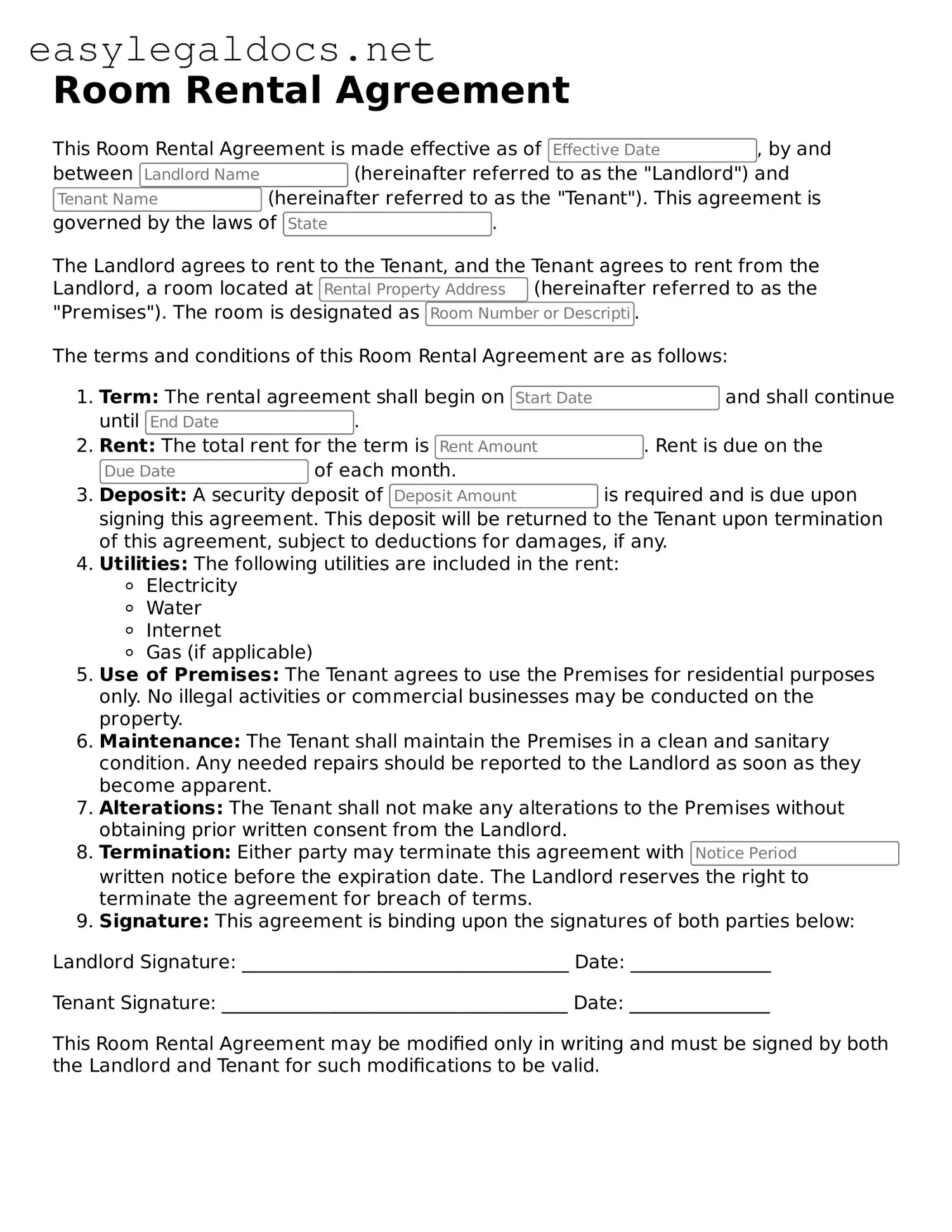 Printable Room Rental Agreement Form