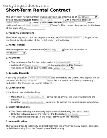 Printable Short-Term Rental Contract Form