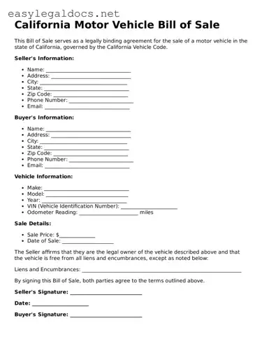 Blank  Motor Vehicle Bill of Sale Form for California