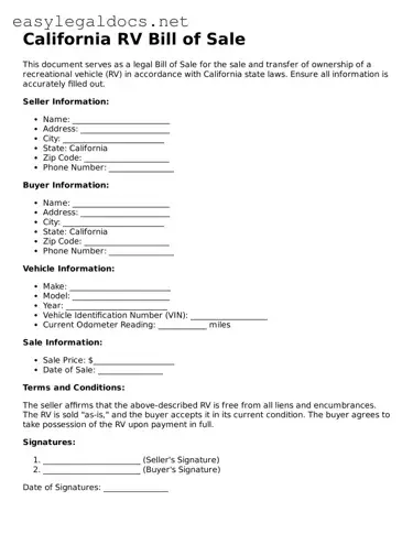 Blank  RV Bill of Sale Form for California