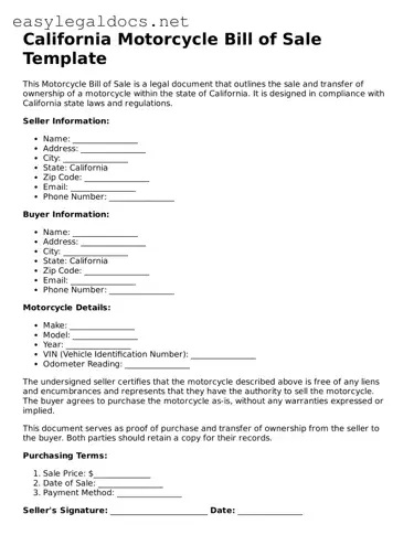 Blank  Motorcycle Bill of Sale Form for California