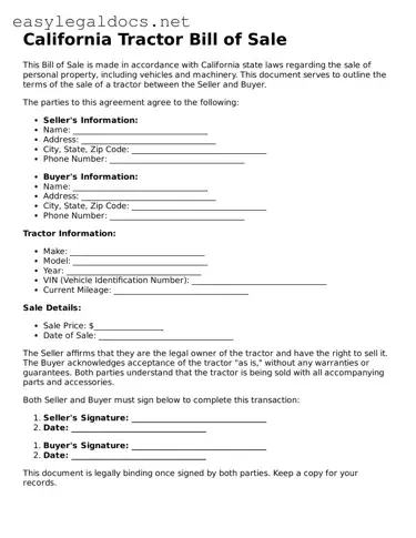 Blank  Tractor Bill of Sale Form for California