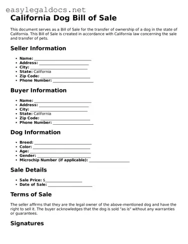 Blank  Dog Bill of Sale Form for California