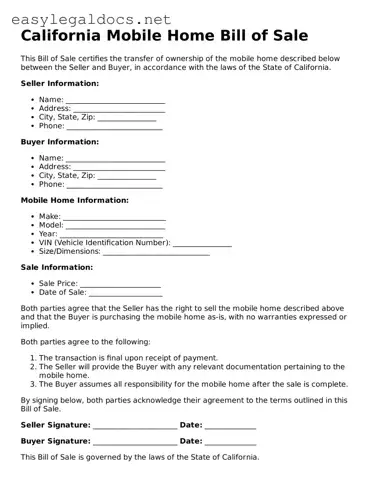Blank  Mobile Home Bill of Sale Form for California