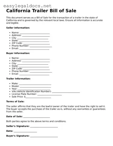 Blank  Trailer Bill of Sale Form for California