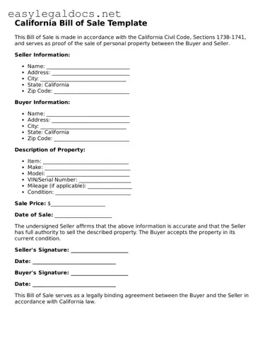 Blank  Bill of Sale Form for California