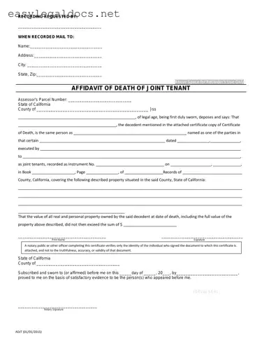 Download California Death of a Joint Tenant Affidavit Form
