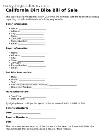Blank  Dirt Bike Bill of Sale Form for California