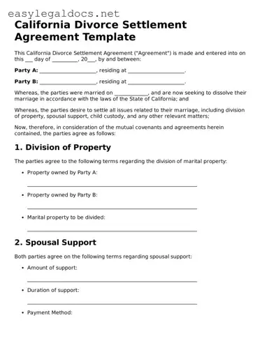 Blank  Divorce Settlement Agreement Form for California