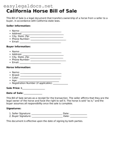 Blank  Horse Bill of Sale Form for California