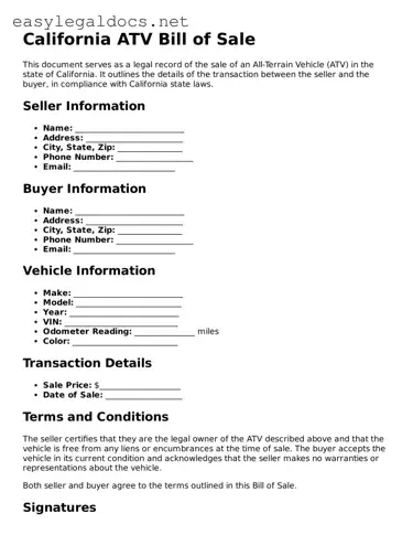 Blank  ATV Bill of Sale Form for California
