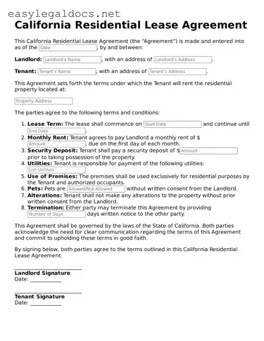 Blank  Residential Lease Agreement Form for California