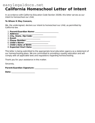 Blank  Homeschool Letter of Intent Form for California
