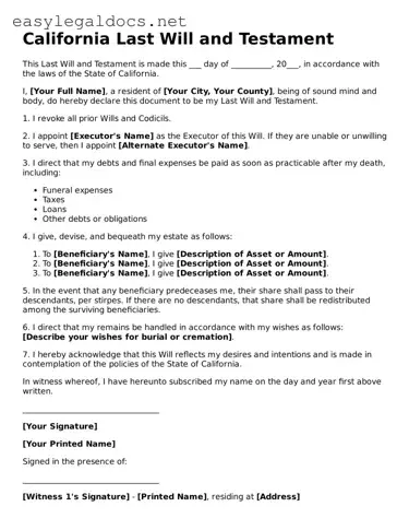 Blank  Last Will and Testament Form for California