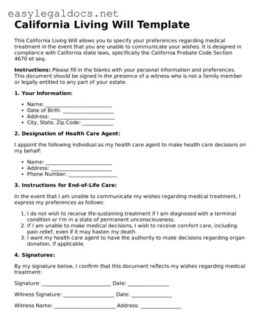 Blank  Living Will Form for California