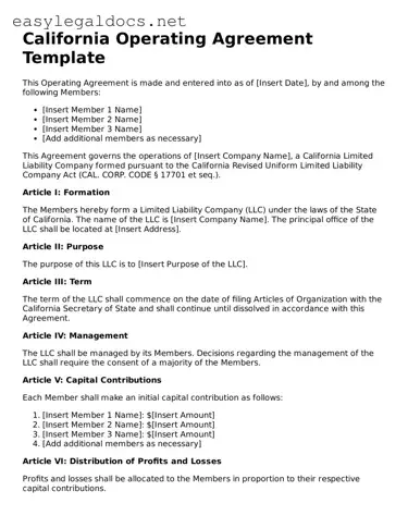 Blank  Operating Agreement Form for California