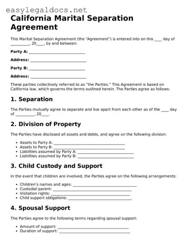 Blank  Marital Separation Agreement Form for California