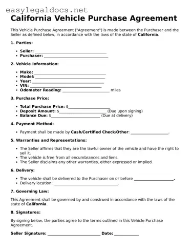 Blank  Vehicle Purchase Agreement Form for California