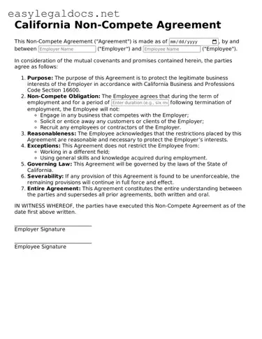 Blank  Non-compete Agreement Form for California