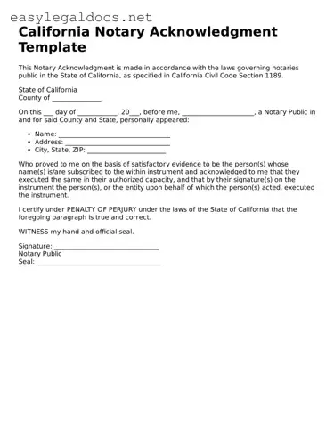 Blank  Notary Acknowledgement Form for California