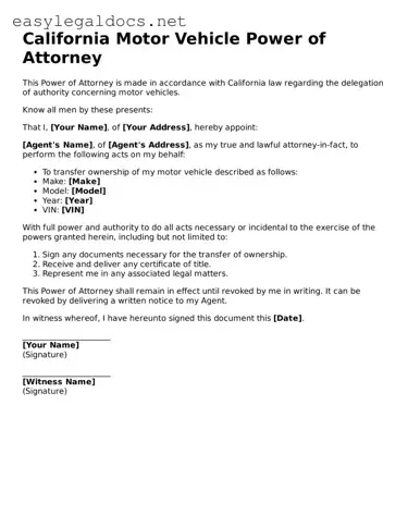 Blank  Motor Vehicle Power of Attorney Form for California