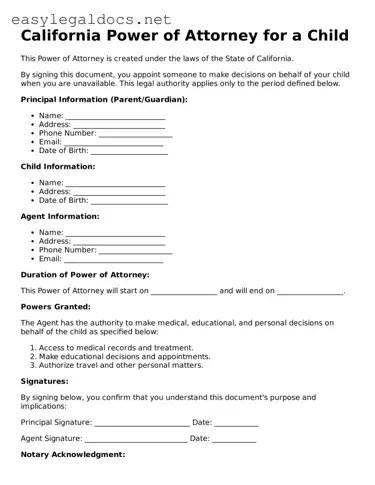 Blank  Power of Attorney for a Child Form for California