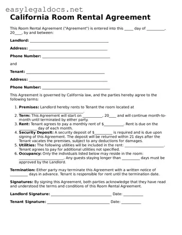 Blank  Room Rental Agreement Form for California