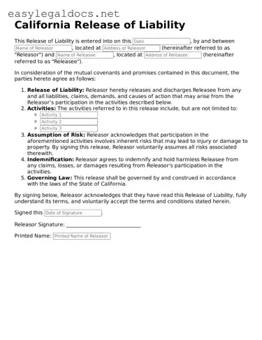 Blank  Release of Liability Form for California