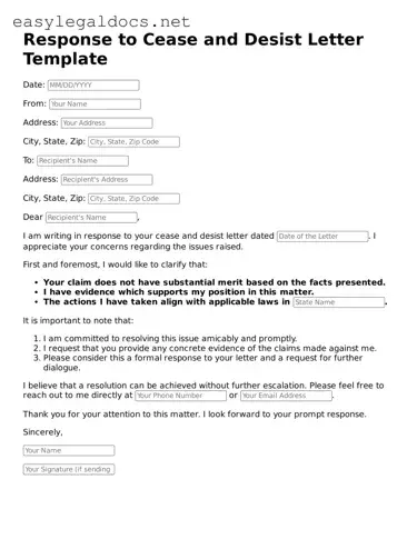 Printable Response to a Cease and Desist Letter Form